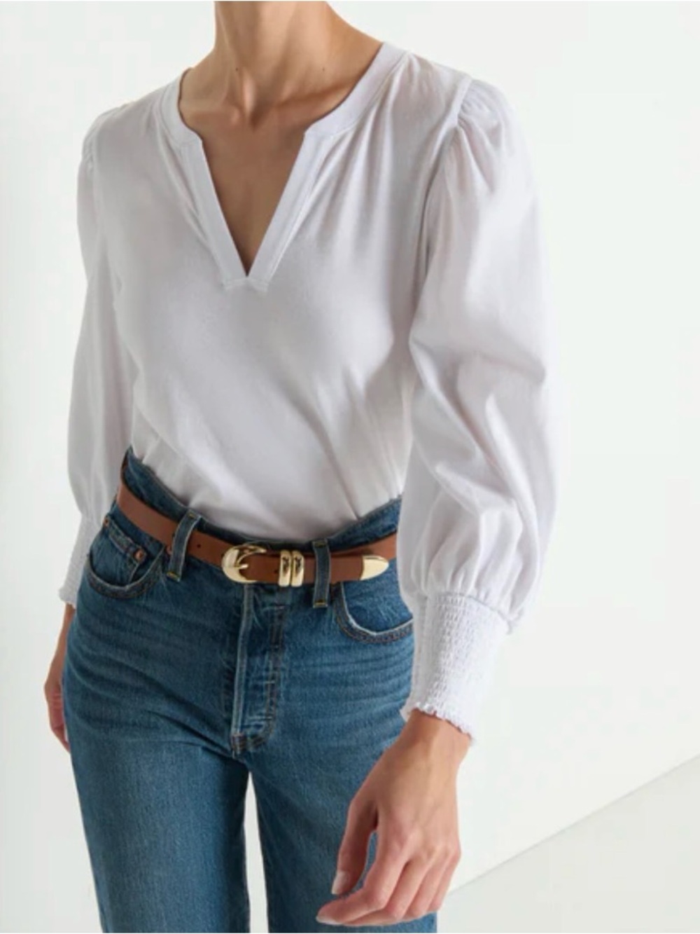 Nation LTD White V-Neck Puff Sleeve Blouse